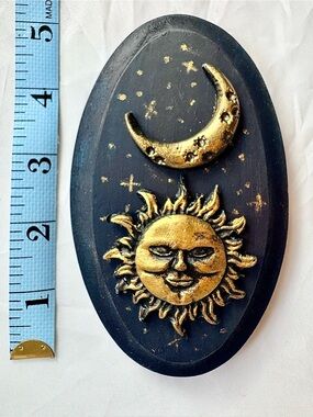 Golden Sun & Moon Celestial Whimsigoth Plaque - Dark Blue and Gold Wall Decor